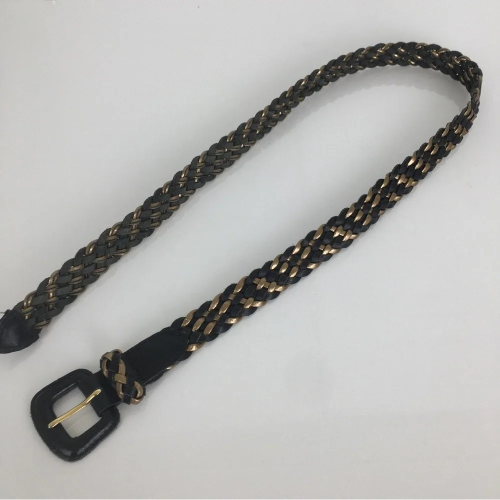 Vintage 80’s Woven Leather Belt Black And Gold Retro Braided Women’s Size M